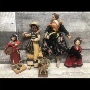 Lot of 5 Vintage Folk Art Wood Cloth Dolls  Old Dress 4-11”